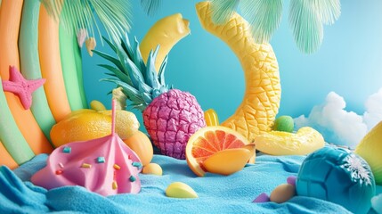 Colorful inflatable toys for summer on blue background