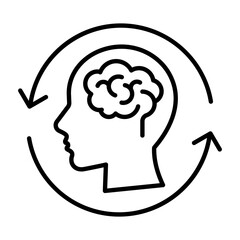 Human head with reload arrows. Reboot thinking outline icon. Mind refresh isolated vector illustration. Mental treatment, wellness