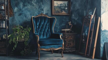 Dark vintage room with antique blue chair and paintings
