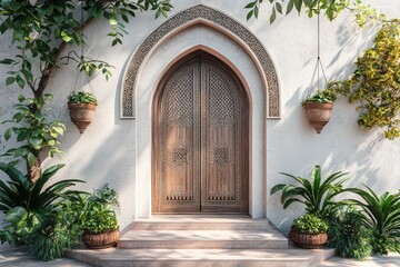Intricately designed wooden door framed by lush green plants and elegant archway, set against a white wall.
