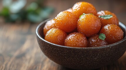 Indian food Gulab Jamun Dish top view on a dark brown background
