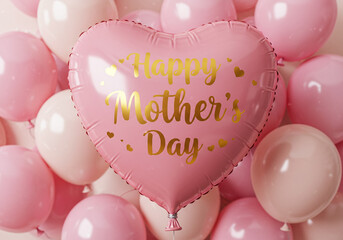 A cheerful, festive scene with a pink heart-shaped balloon floating against a lively, colorful background. The balloon features 'Happy Mother’s Day' in elegant gold cursive, while pastel balloons fill