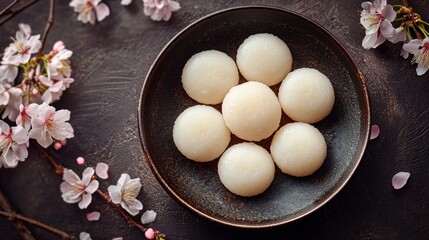 Japanese food Mochi Dish top view on a dark brown background