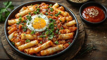 Korean Food Ddukbokki Dish top view on a wood brown background