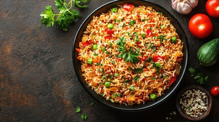 Turkish food Pilav Pilaf Turkish Pulao Dish top view on a dark brown background