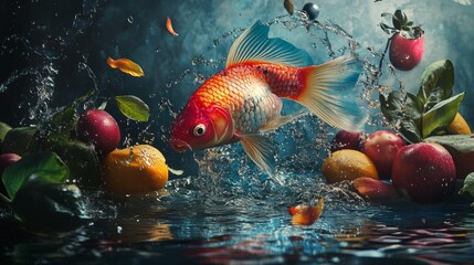 Vibrant scene of goldfish jumping among fruits and water splash