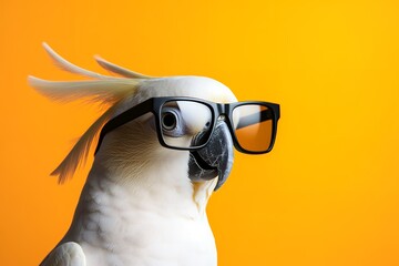 Cockatoo wearing glasses against vibrant yellow background