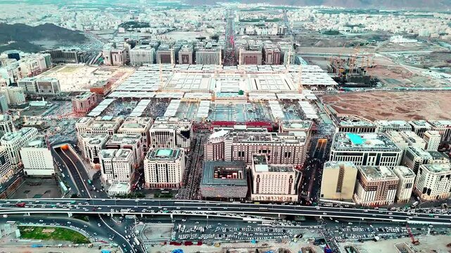 Medina , Saudi Arabia - Drone Aerial view for Al Masjid Al Nabawi mosque -Prophet Mohammed Mosque 4k video