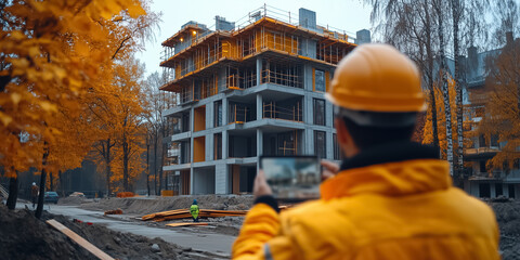 Construction worker taking photo of developing building site with smartphone. Urban setting in autumn with colorful foliage. Concept of construction, real estate, architectural advancement