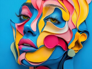 Obraz premium Colorful Face Sculpture: A striking portrait rendered in vibrant, layered hues. Eye-catching artistry merging form and color. Abstract beauty.