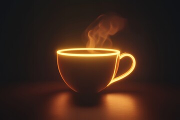 Glowing cup of hot coffee in dim light with steam rising
