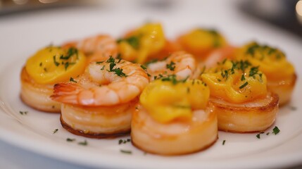 Appetizer platter of shrimp and mango