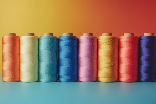 Colorful spools of thread arranged in a vibrant spectrum against a gradient background, showcasing a mix of hues and textures.