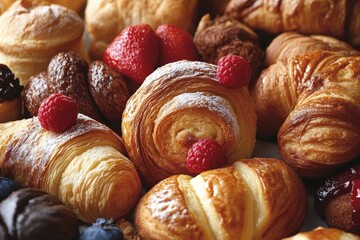 A tempting assortment of flaky pastries with fresh berries, showcasing a delightful mix of textures and flavors.