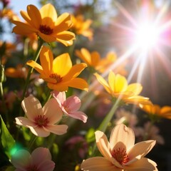 Fototapeta premium Vibrant Spring Blossoms in Sunlight: Colorful Floral Photography of Blooming Flowers
