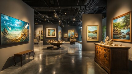 Fototapeta premium Classic art gallery with framed paintings and sculptures