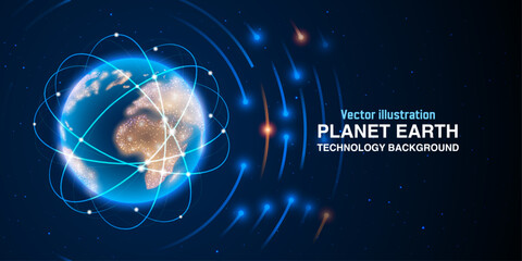 Futuristic Blue Earth Planet: Abstract Cosmic Background with Stars, Glowing Rays, Satellites, Rockets, and Science Energy Plasma. Vector. © Jer