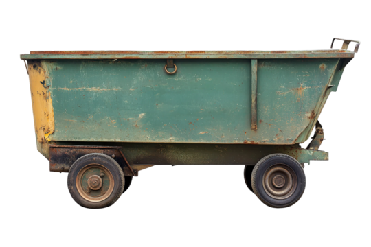 Old, rusty construction dumpster on wheels, isolated on white background, perfect for waste disposal and recycling themes in urban settings