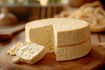 A round wheel of freshly made cheese sits on a wooden cutting board, with one piece cut out. The cozy kitchen features natural light, enhancing the homemade feel of the scene
