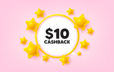 Cashback frame banner. Speech bubble offer. 10 Usd cashback. Money back offer sign. Cash back promo symbol. 3d stars glitter tag. Golden frame banner. Vector