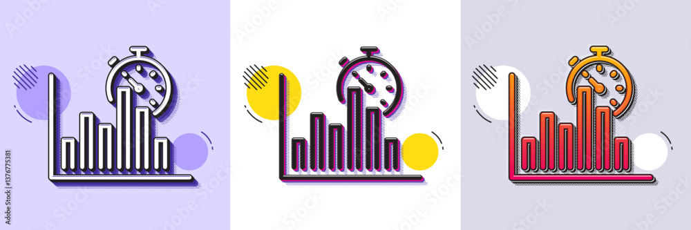 Poster report timer line icon. halftone dotted pattern. gradient icon with grain shadow. column graph sign.