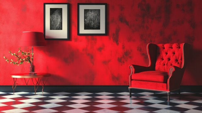 Red accent living room with checkered flooring