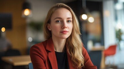 Naklejka premium Beautiful blonde woman in red blazer looking directly at the camera