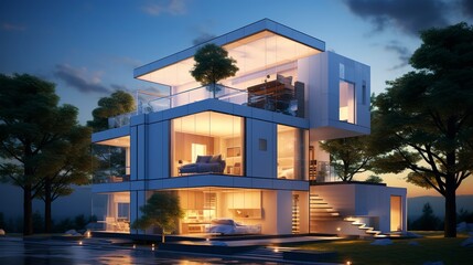A photo of a minimalist triple-story cube home.