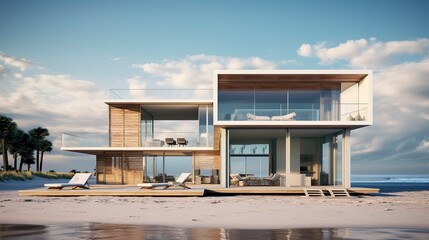 A photo of a minimalist triple-story beach house.