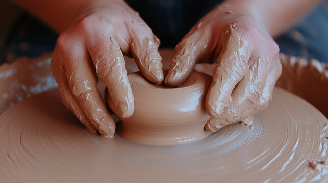 Potter carefully shaping wet clay on a spinning potter's wheel, crafting a unique ceramic piece with skillful hands
