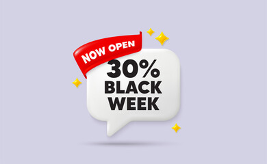 Black week chat speech bubble. Now open flag ribbon. Black week 30 percent sale. Special discount sign. Black friday offer symbol. 3d sparkle stars speech bubble. Vector