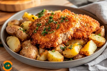 Fototapeta premium Crispy fried chicken pieces are plated on a bed of roasted baby potatoes, garnished with fresh herbs, creating a delicious and comforting meal in a warm kitchen ambiance