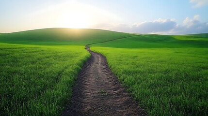 Obraz premium Pathway through verdant fields leading towards the sunlit horizon view