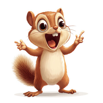 Cheerful cartoon chipmunk with big smile pointing and gesturing on transparent background Concept of happiness, excitement, and playful animal character