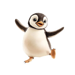Obraz premium Cute baby penguin cartoon character happily walking with open wings on a transparent background, concept of wildlife, antarctica, and animation