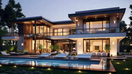 Fototapeta premium A photo of a modern bright double-story family villa. ,