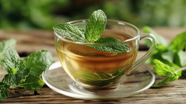Steaming glass mug filled with peppermint tea, garnished with fresh mint leaves beside rustic wooden surface
