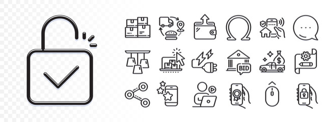 Cash transit, Omega and Online storage line icons for web app. Glare of light effect. Message icon. Pack of Wholesale inventory, Lock, Swipe up pictogram icons. Vector