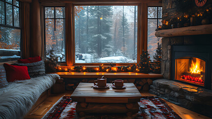 Cozy cabin winter scene, fireplace, snowy forest view, holiday drinks