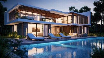 Fototapeta premium A photo of a modern double-story house with poolside.