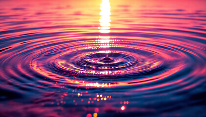 A single drop of water creates mesmerizing ripples on a vibrant surface, reflecting the soft hues of a setting sun, capturing a moment of tranquility and serenity.