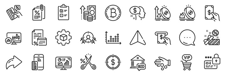 Credit card, Bid offer and Business targeting line icons pack. Share, Message, Paper plane icons. Gas price, Tax documents, Product development web icon. Vector