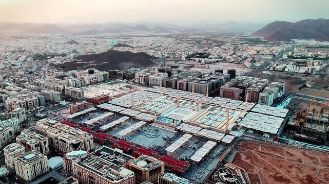 Medina , Saudi Arabia - Drone Aerial view for Al Masjid Al Nabawi mosque -Prophet Mohammed Mosque 4k video