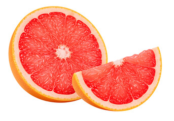 Fresh sliced grapefruit with detailed juicy segments, vibrant and clean on white background.
