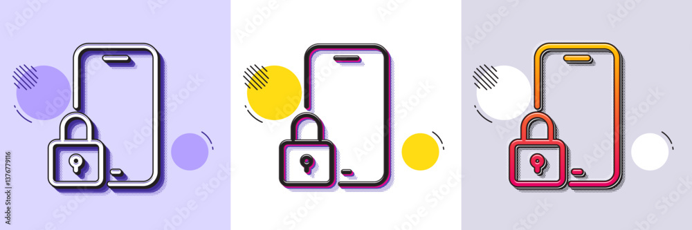 Poster lock line icon. halftone dotted pattern. gradient icon with grain shadow. phone padlock sign. securi