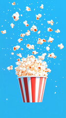 Popcorn exploding from a red and white striped bucket on a blue background, creating a fun and festive atmosphere