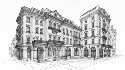 A detailed pencil drawings showcasing historic and modern street buildings, isolated on a white background. The sketches highlight architectural styles, intricate details, and urban charm.