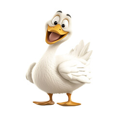 Cheerful cartoon goose with open beak on transparent background Funny and friendly white goose character with expressive eyes, perfect for animation and illustration