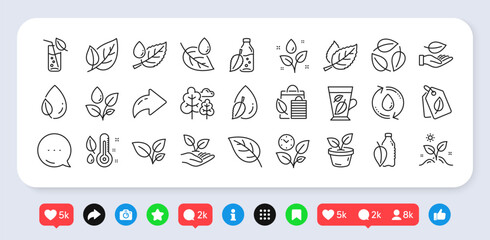 Plants line icons. Social media: share, comment, like icons. Mint leaf, Humidity thermometer and Growing plants icons. Bottle with mint water, Nature care, leaf on hand. Vector © blankstock