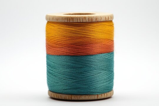 Colorful spool of thread with orange, yellow, and teal layers, showcasing vibrant hues on a wooden base.